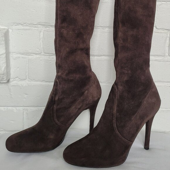 Stuart Weitzman Brown Stretch Suede Heeled Boots Size 7 M - Picture 4 of 15